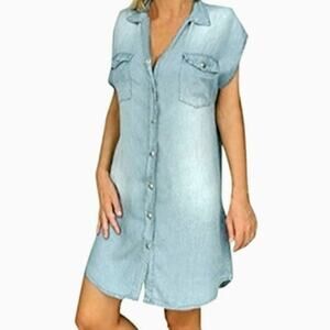 NXH Denim Shirt Sun Dress Casual Sleeveless Snap Buttons Pockets Women's Size L